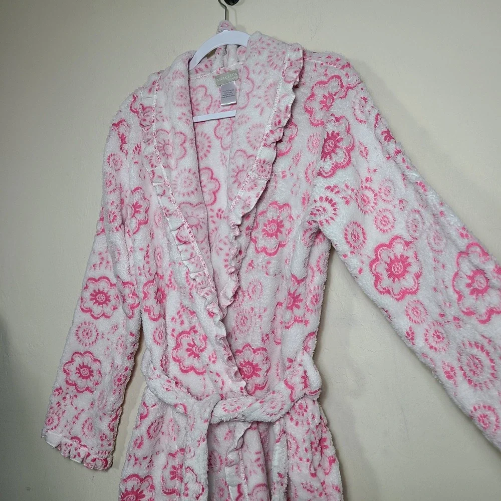 Pink Plush Floral Robe Ruffle‎ Trim L Loungewear Coquette Girly Barbiecore GRWM